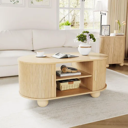 Miniatura 7 de Mesa auxiliar rectangular, mesas de centro acanaladas para sala de estar, mesa de centro de mediados de siglo con almacenamiento y puertas Natural