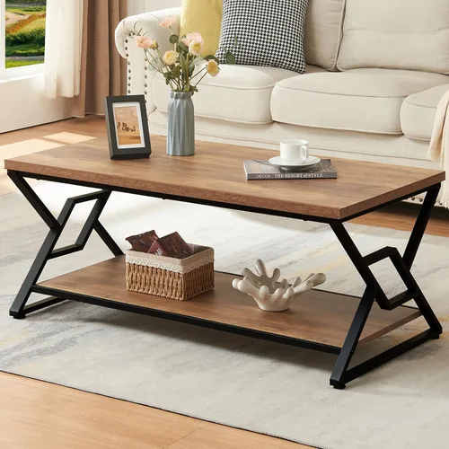 Miniatura 8 de HOMISSUE - Mesa de café, mesa de café rústica rectangular con almacenamiento de 2 niveles, mesa central de madera de ingeniería con estantes