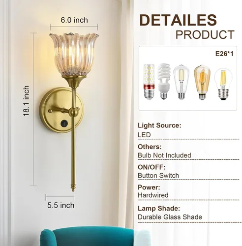 Miniatura 5 de Juego de 2 apliques de pared modernos con pantalla de cristal de flor ámbar, accesorios de luz de pared de tocador de baño de mediados de siglo