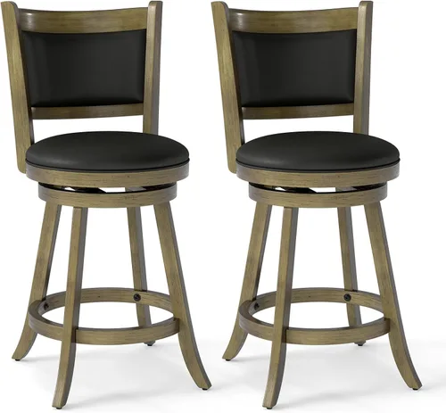 Miniatura 14 de COSTWAY Juego de 2 taburetes de bar, giratorios de 360 grados, taburete giratorio de madera con acento de altura, diseño tapizado de cuero, asiento