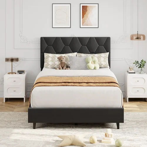 Miniatura 13 de GAOMON Base de cama individual XL beige con cabecera tapizada, base de cama de plataforma resistente con listones de madera fuertes, no necesita