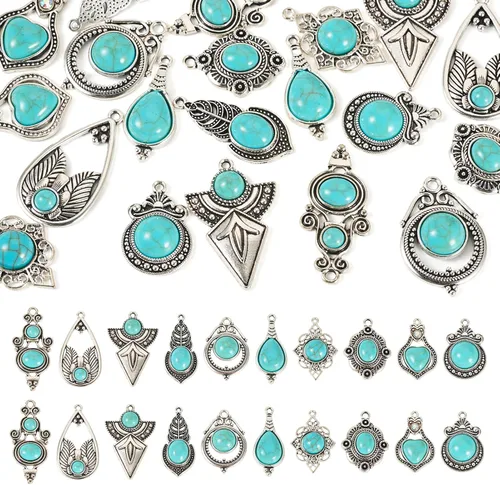 Miniatura 14 de Colgantes de estilo tibetano, dijes de piedra turquesa sintética para collar, pulsera, joyería, fabricación de artesanías, Gema, No es una piedra