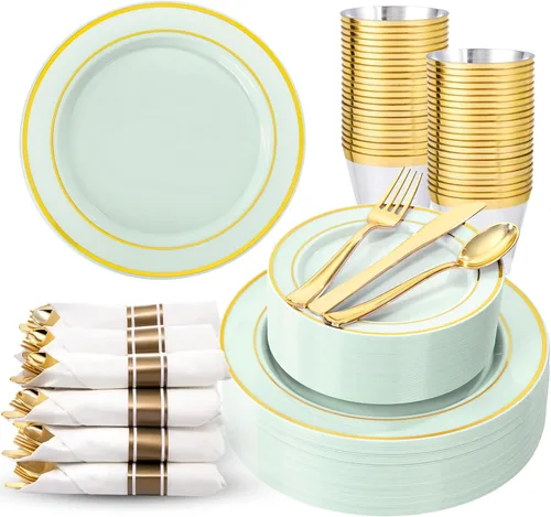 Miniatura 23 de 350 piezas de platos de plástico negro y dorado con cubiertos desechables, incluye 50 platos de cena de 9 pulgadas, 50 platos de postre de 6.3
