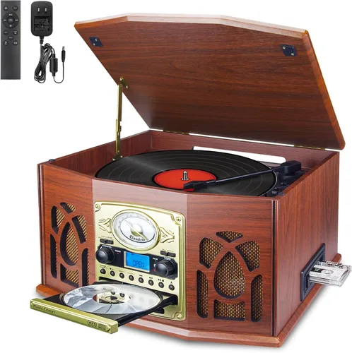 Miniatura 9 de BIGMONAT Tocadiscos todo en uno con altavoces incorporados, reproducción inalámbrica, tocadiscos de 3 velocidades, tocadiscos de vinilo caoba