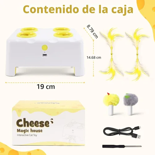 Miniatura 8 de Caja de queso interactivo para gatos de interior, juguete de plumas 3 en 1, juguete de plumas de topo, 3 modos de juguetes recargables para gatos
