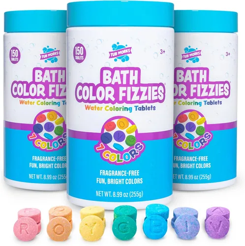 Tub Works® Bath Color Fizzies®, 150 unidades, paquete de 3 | No tóxico y sin fragancia | Las gotas de baño de color crean divertidos colores de baño