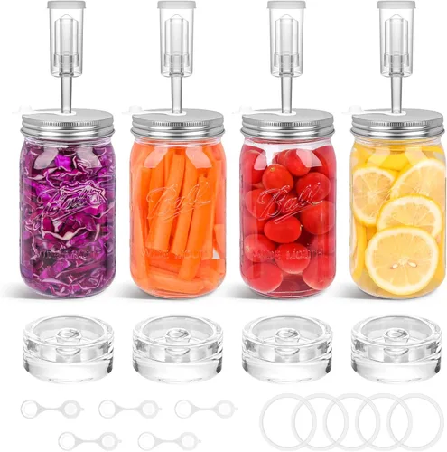 Xileanalee Kit de fermentación para tarro Mason de boca ancha, chucrut/decapado con 4 pesos de fermentación de vidrio, 4 tapas de fermentación, 4