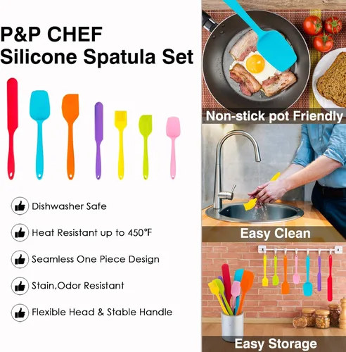Miniatura 6 de P&P CHEF - Juego de 7 espátulas de silicona resistentes al calor, juego de utensilios de cocina para cocina antiadherente, mezcla de hornear, diseño