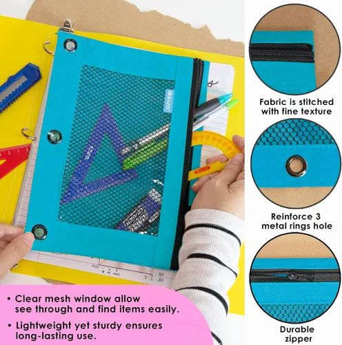 Miniatura 4 de BAZIC PRODUCTS Estuche para lápices de 3 anillos con agujeros de anillos reforzados con remaches, bolsa de malla de color pastel con cremallera