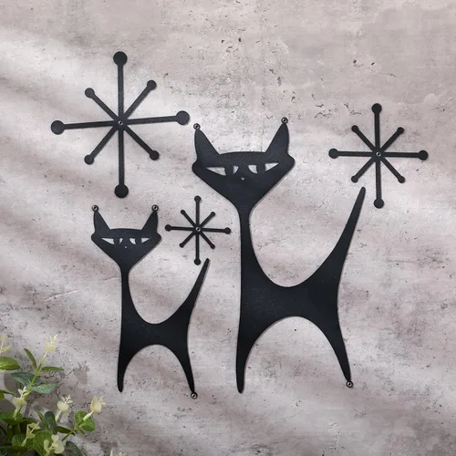 Wesiti 5 piezas de arte de pared de gato atómico moderno de mediados de siglo, decoración de pared de metal vintage de dibujos animados y estrellas