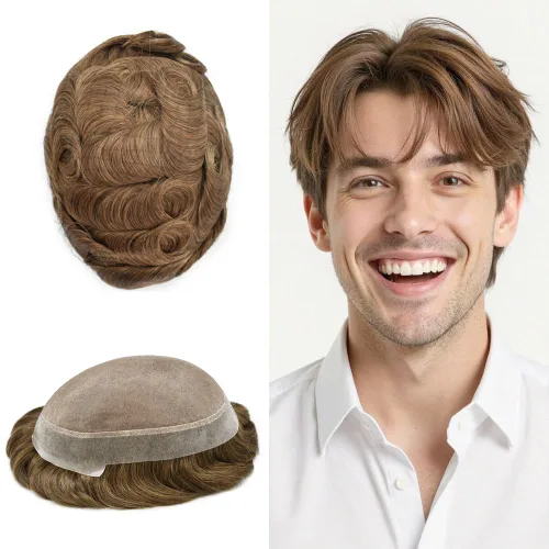 Miniatura 45 de Tupé para hombres, piezas de cabello humano real, sistema de unidades de cabello natural, línea capilar natural, pieza de repuesto para hombres