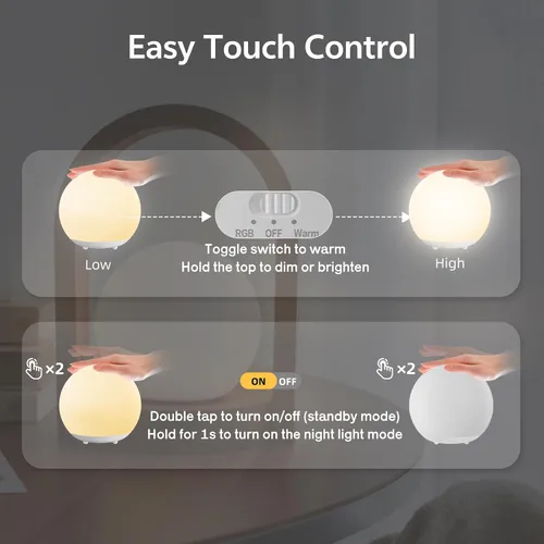 Miniatura 7 de Luz nocturna para bebé, luz nocturna recargable con control táctil con atenuación continua y cambio de color 7 RGB, luz suave y portátil para huevos