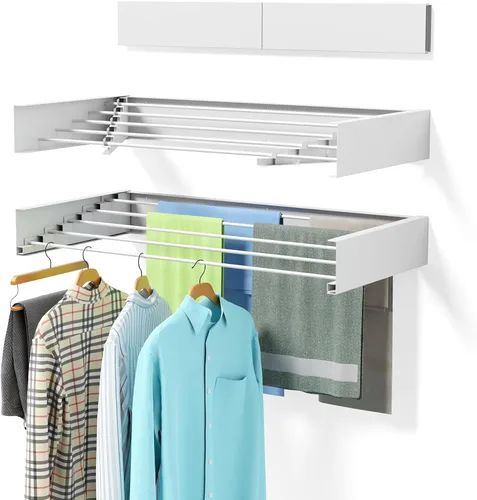 Escurridor plegable para ropa sucia, montado en la pared, 31.5 pulgadas de ancho, 13.2 pies lineales, 5 varillas de aluminio, capacidad de 60