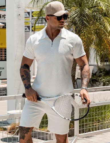 Miniatura 2 de URRU Conjunto de camisa polo y pantalones cortos para hombre, trajes de verano a la moda, casual, manga corta, traje polo para hombre, 2 piezas