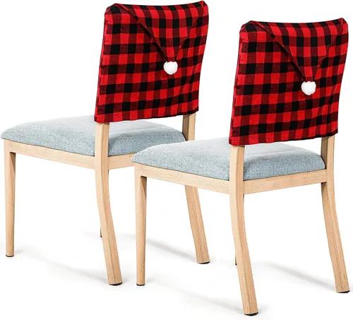 Miniatura 2 de Queekay 6 piezas de fundas traseras de silla de Navidad, protector de silla de comedor de Navidad con diseño de sombrero de Papá Noel, a cuadros
