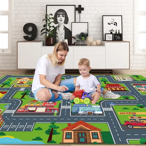 Miniatura 4 de Tapete de juego de automóvil para niños, alfombra para sala de juegos, alfombra de tráfico de ciudad, alfombra de juego para piso, alfombra de juego