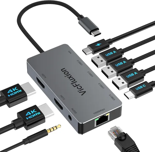 Estación de acoplamiento USB C Monitor dual, concentrador USB 9 en 1 con 2 HDMI 4K @60HZ, 1 × 1000 Mbps Ethernet, 3 × USB 3.0, 1 × Tipo C, 1 × Carga