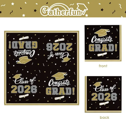 Miniatura 6 de Platos y servilletas de fiesta de graduación, decoraciones de graduación de clase de 2026, platos de papel desechables negros y dorados, servilletas