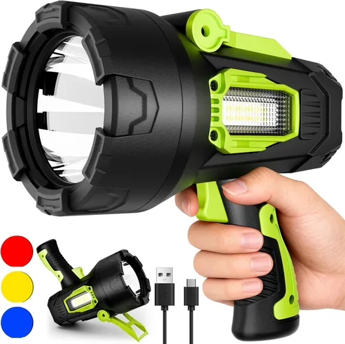 Foco Recargable, 99,000 Lúmenes Foco LED Súper Brillante, 10000 mAh Focos de Largo Tiempo de Funcionamiento Impermeables, Foco de Mano para Verde