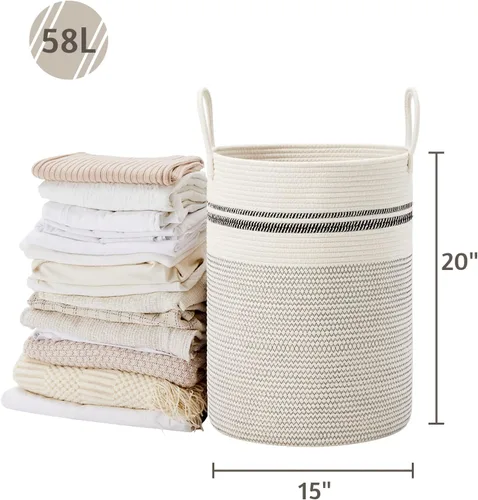 Miniatura 5 de VIPOSCO Cesta de lavandería grande, cesta de almacenamiento de cuerda tejida alta para mantas, juguetes, ropa sucia en la sala de estar, baño, Rayas