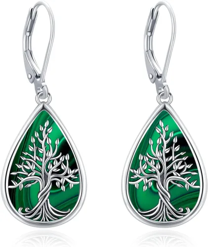 Miniatura 147 de Aretes colgantes de plata de ley con diseño de árbol de la vida, flor, abeja, animales, gato, colibrí, piedra lunar, turquesa, aretes con cierre