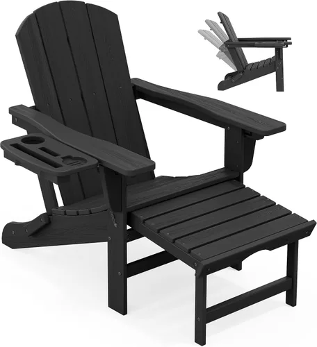 Miniatura 18 de KINGYES Silla Adirondack plegable ajustable con otomana retráctil, silla reclinable Adirondack de polietileno de alta densidad con soporte