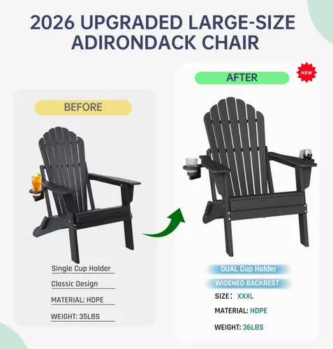 Miniatura 9 de Plawdlik Juego de 2 sillas plegables Adirondack de HDPE, sillas de patio al aire libre resistentes con soportes dobles para tazas, silla para Negro