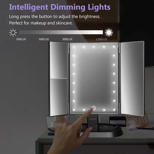 Miniatura 5 de deweisn Espejo de maquillaje con iluminación triple con 21 luces LED, aumento 1x/2x/3x y atenuación de pantalla táctil, dos fuentes de alimentación