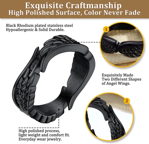 Miniatura 5 de Bestyle Anillos de ala de ángel antiguos para mujeres y hombres, anillos de banda de plumas de guardián, anillos de promesa de pareja