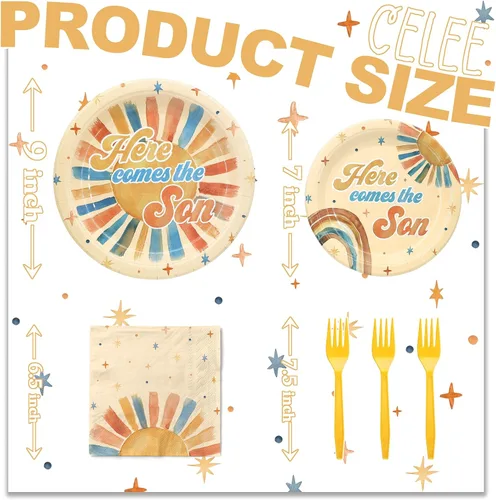 Miniatura 2 de Here Comes the Son - Suministros para baby shower para 20 invitados – Platos boho Sun y Rainbow Platos, servilletas y tenedores – Juego de vajilla