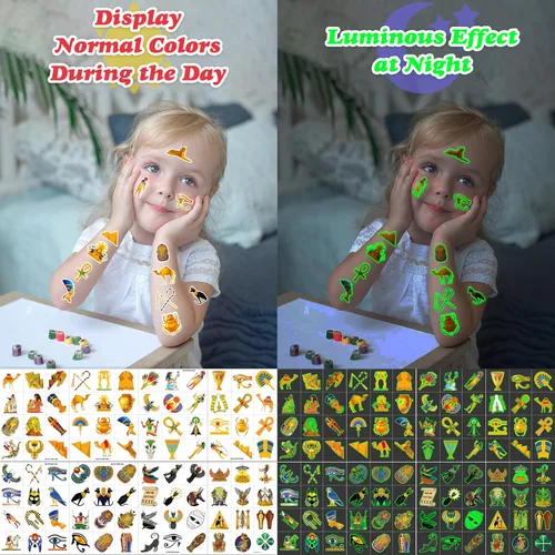 Miniatura 5 de 96 piezas de tatuajes temporales precortados del antiguo Egipto que brillan en la oscuridad, decoración de fiesta de cumpleaños, suministros