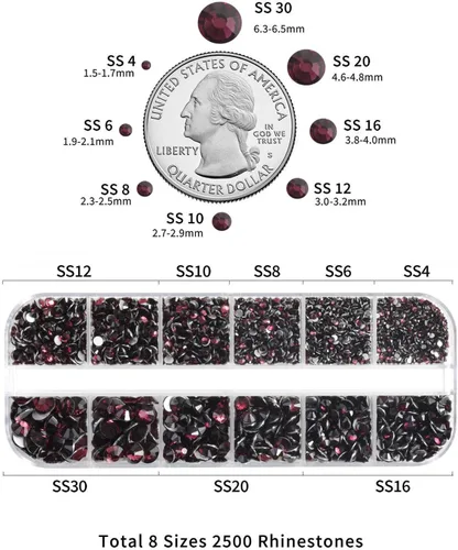 Miniatura 6 de Beadsland Diamantes de imitación para maquillaje, 8 tamaños, 2500 unidades de diamantes de imitación con parte trasera plana color burdeos, gemas
