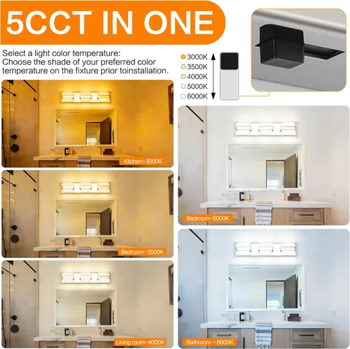 Miniatura 4 de SOLFART Lámpara de baño cromada de 3 luces, luz de tocador sobre el espejo, lámparas LED modernas, 5 colores de temperatura ajustable moderna