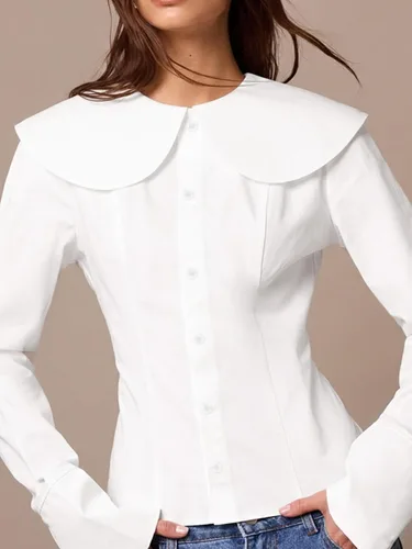 Miniatura 3 de Camisa de manga larga con botones para mujer, elegante blusa con cuello redondo y cintura ceñida, casual y para la oficina