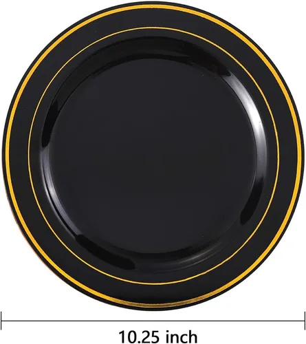 Miniatura 2 de bUCLA - 100 platos de plástico negros y dorados de 10.25 pulgadas, platos desechables con borde dorado, ideales para fiestas, graduaciones y Año