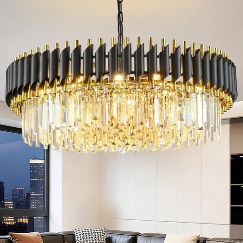 Miniatura 16 de Candelabro de cristal negro de 20 pulgadas, K9, luces colgantes redondas, ajustables, de 4 niveles, gran lámpara de cristal moderna, 6 luces