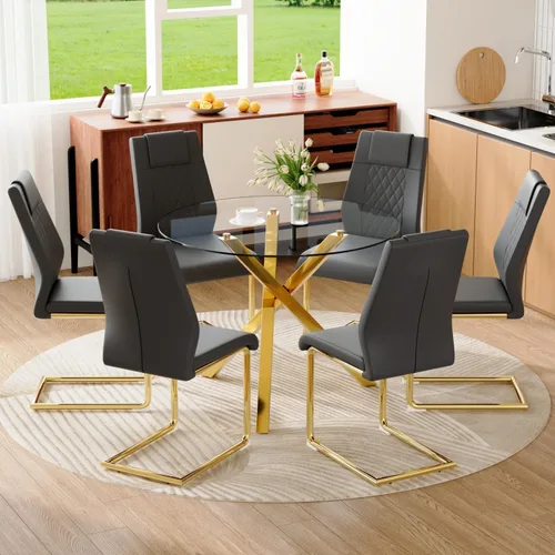 Miniatura 43 de Juego de mesa de comedor redonda para 6, juego de mesa de comedor de vidrio de 39 pulgadas con base de metal ajustable dorada en forma de X y 6