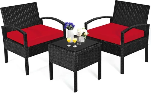 HAPPYGRILL Juego de 3 piezas de conversación para patio, juego de mimbre de ratán al aire libre con mesa de centro para jardín, balcón y patio Rojo
