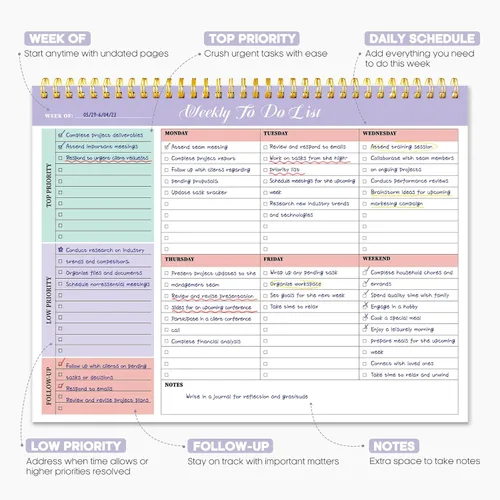 Miniatura 3 de Paquete de 6 blocs de notas semanales de tareas pendientes con 52 hojas sin fecha (8.5 x 11 pulgadas), planificador semanal de escritorio