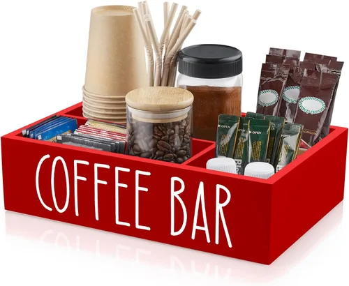 Miniatura 8 de Organizador de estación de café ALELION - Organizador de accesorios de encimera de madera con divisores removibles para cápsulas, condimentos