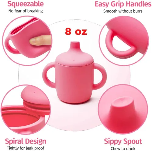 Miniatura 4 de Vasos de silicona antiderrames de 8 onzas para niños pequeños y bebés, aptos para lavavajillas y microondas, paquete de 2 (rosa/gris)