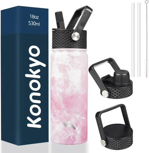 Miniatura 107 de Konokyo - Botella de agua aislada de 18 onzas, botellas deportivas de acero inoxidable con 3 tapas, verde militar