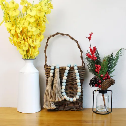 Miniatura 4 de CVHOMEDECO. Guirnalda de cuentas de madera con borlas, estilo rústico de granja, cuentas de oración para colgar en la pared, acento para decoración