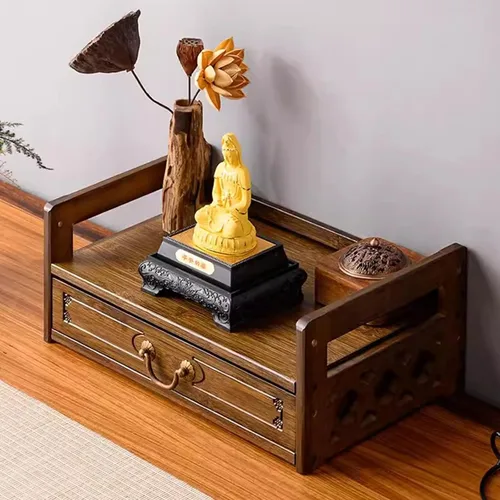 Miniatura 7 de Mesa de meditación de altar con cajón de almacenamiento, mesa de altar espiritual de bambú, mesa budista relajante para oraciones, adivinación, Nogal