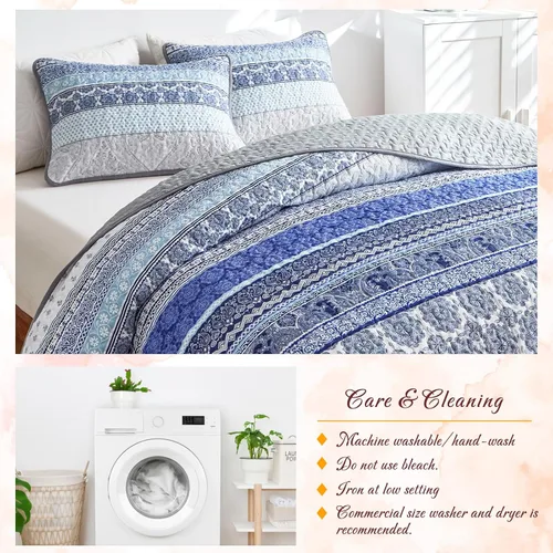 Miniatura 4 de Tititada Juego de edredón de 3 piezas de tamaño king, bohemio y colorido, azul y gris con rayas estilo boho, juego de edredón estampado para verano