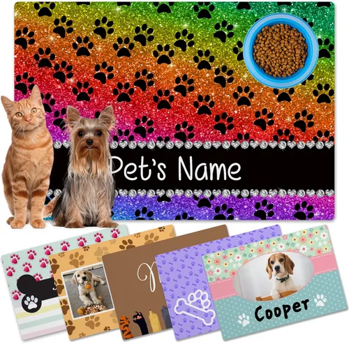Taikuri Alfombrillas personalizadas de piel sintética para comida y agua, antideslizante e impermeable para nombre/foto, tapete personalizado para