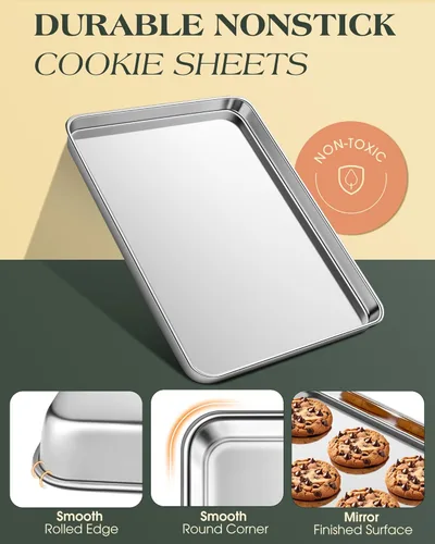 Miniatura 5 de Juego de Bandejas para Hornear de 2, Hojas de Galletas Comerciales de Acero Inoxidable para Hornear, Bandejas Grandes para Horno de 18 x 13 Pulgadas