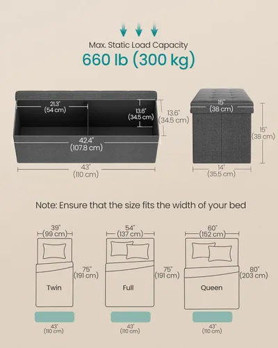 Miniatura 2 de SONGMICS Colección MAZIE - Banco otomano plegable de almacenamiento de 43 pulgadas, reposapiés otomano, banco para el final de la cama, pecho