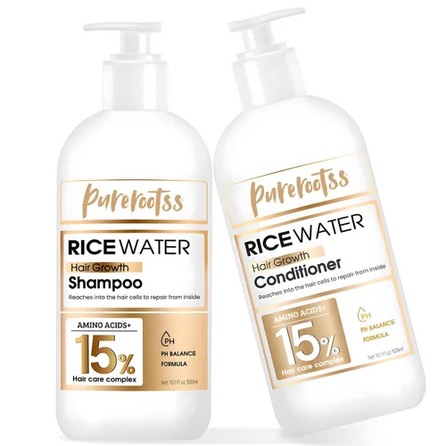Champú y acondicionador de agua de arroz para adelgazar el cabello, con ingredientes naturales que incluyen biotina y cafeína, hombres y mujeres