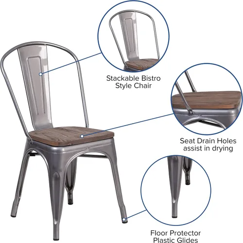 Miniatura 5 de Merrick Lane Silla de comedor apilable con respaldo de listones verticales de metal, marco recubierto transparente, asiento de madera de olmo